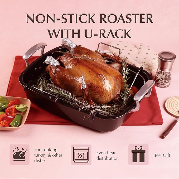 Uukrave Nonstick Turkey Roasting Pan with Rack - Large 18.5 x 14.6 Inch Heavy Duty Roaster for 25 lb Turkey or Chicken, Deep Oven Tray with U-Rack and Wide Handles, Non-Toxic, Black