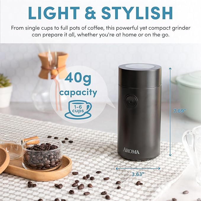 Aroma Housewares Mini Coffee Grinder and Electric Herb Grinder with 304 Stainless Steel Grinding Blades and a Premium Clear Lid (40 g.)