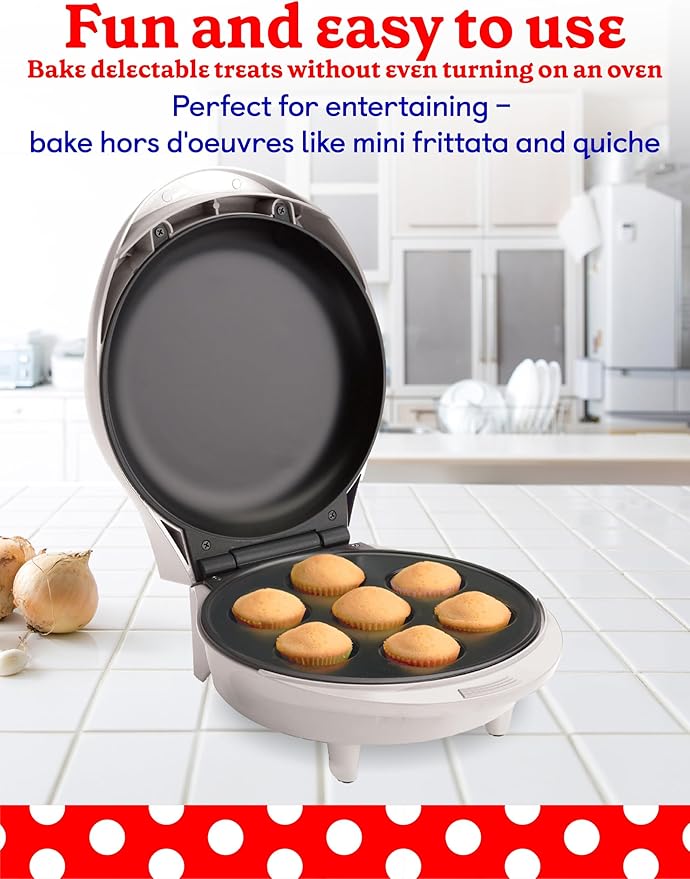 Betty Crocker Mini Cupcake Factory, with Nonstick Surface, Mini Cupcake Machine with Cool Touch Handle & Makes 7 Delicious Cupcakes in Minutes, Pink/White