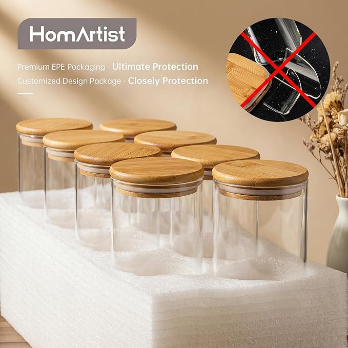 HomArtist Glass Jars with Bamboo Lids 27 FL OZ [Set of 6], Glass Canisters with Airtight Lids, Glass Food Storage Containers for Coffee, Sugar,Tea, Candies, Cookies,Best for Kitchen & Pantry