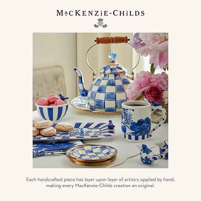 MACKENZIE-CHILDS Enamel Salt and Pepper Shakers, Kitchen Table Spice Shaker Set, Blue-and-White Royal Check, Small