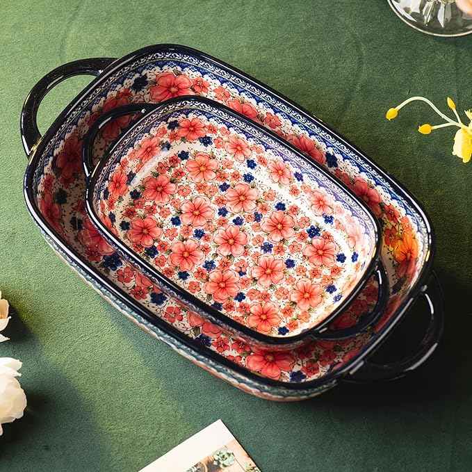 Baking Dish Ceramic Baking Pan Blue Casserole Dish Porcelain rectangular Baking Set 2pcs Bakeware Sets single serving size Lasagna Pan Baking Dishes for oven(Pum flower)