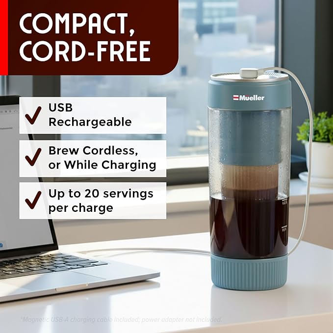 Mueller RapidBrew Cold Brew Iced Coffee Maker – 10 Min Fast Brew Portable Rechargeable Cold Brew Machine for Coffee & Tea – Adjustable Strength 10-99 Min – 20 Servings Per Charge, Mineral Blue