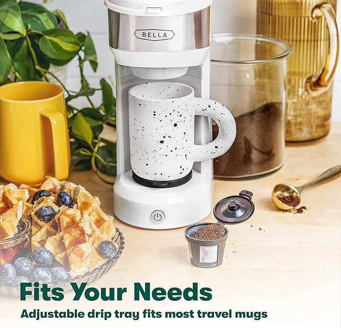 BELLA Dual Brew Single Serve Coffee Maker, Brews both Kcup and Ground Coffee, Large 14oz Capacity, Easy One Touch, Auto Shutoff, White