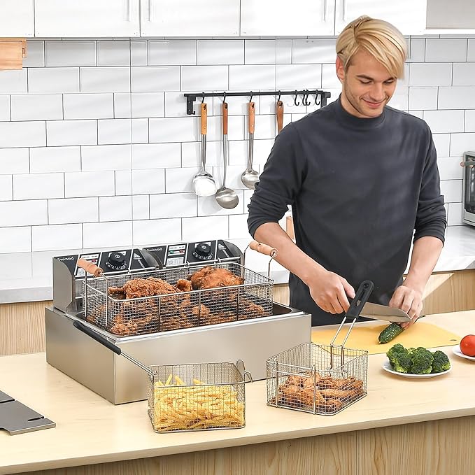 Commercial Deep Fryer with Baskets, 3400W 12.7QT/12L Thickened Stainless Steel Countertop Electric Oil Fryer, Large Capacity with Temperature Control (12L Pro)