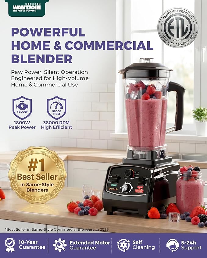 WantJoin Professional Blender, ETL listed 70oz Commercial Blender for kitchen Max 1800W High Power Home and Commercial with Timer, Smoothie Maker 2200ml for Crushing Ice, Frozen Dessert, Soup,fish