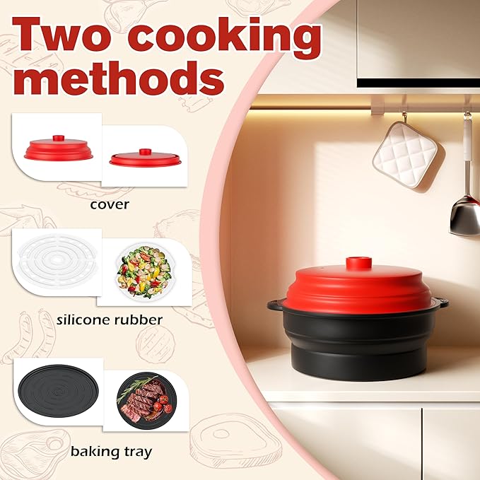 Microwave Steamer for Vegetables | Microwave Grill Pan & Steamer Bowl | Microwave Silicone Cookware | Microwave Popcorn Popper | Dishwasher Safe
