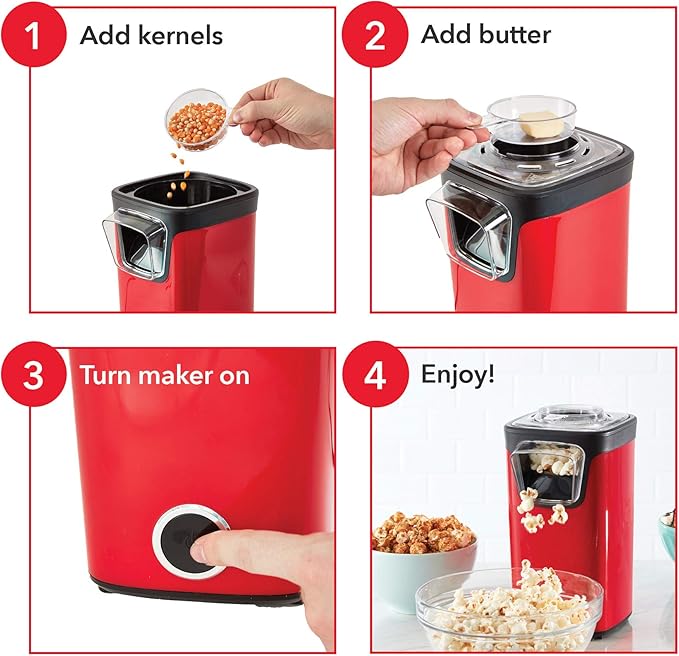 Dash Turbo Pop Popcorn Maker - Theater-Style Popcorn Machine - Comes with Measuring Cup & Butter-Melting Tray - Convenient, Space-Saving Design - 8 Cups, Red