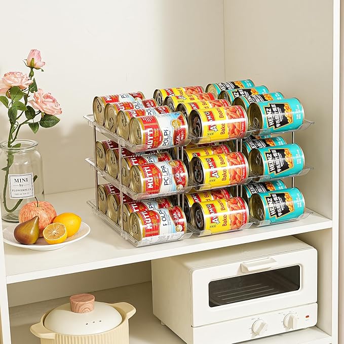 Amllas Can Organizer for Pantry, Stacking Can Storage Organizer Pantry, Automatic Rolling Can Rack for Fridge, 2Tire 3 Columns Can Holder for 24 Cans, Canned Goods Organizer