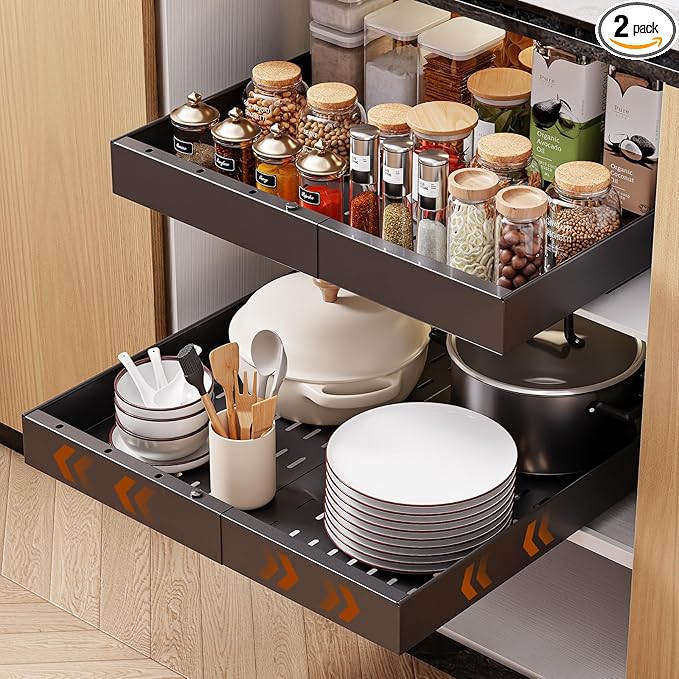 OneDream 2 Pack Pull Out Cabinet Organizer, 21" Deep Slide Out Drawers for Kitchen Cabinets, No Drill Adhesive Pull Out Drawers for Cabinets, Back Roll Out Shelves Adjustable Width 12.05"-20.4"