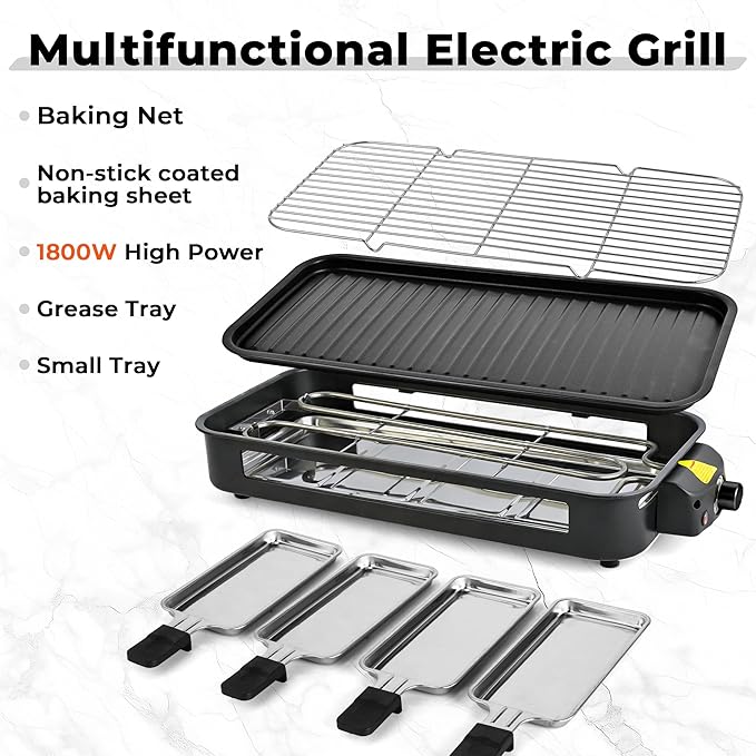 Pukomc Electric Indoor Grill,2 in 1 Indoor Grills for Kitchen with Grill Net & Non-Stick Cooking Removable Plate, Temperature Control, Dishwasher Safe, 1800W Large Smokeless Griddle Black