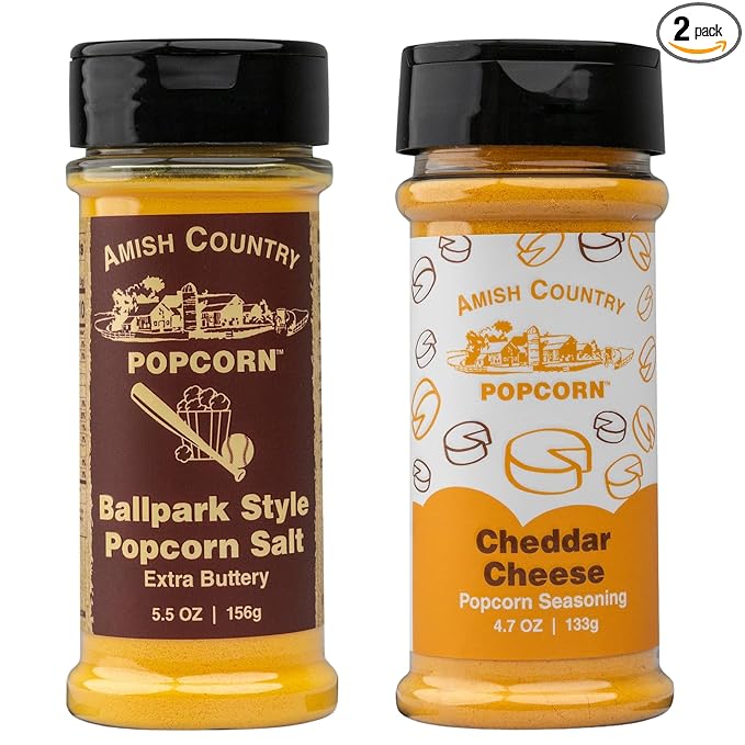 Amish Country Popcorn | Seasoning Variety Pack | BallPark Style ButterSalt - 5.5 oz & Cheddar Cheese - 4.7 oz Popcorn Seasoning | Old Fashioned, Non-GMO