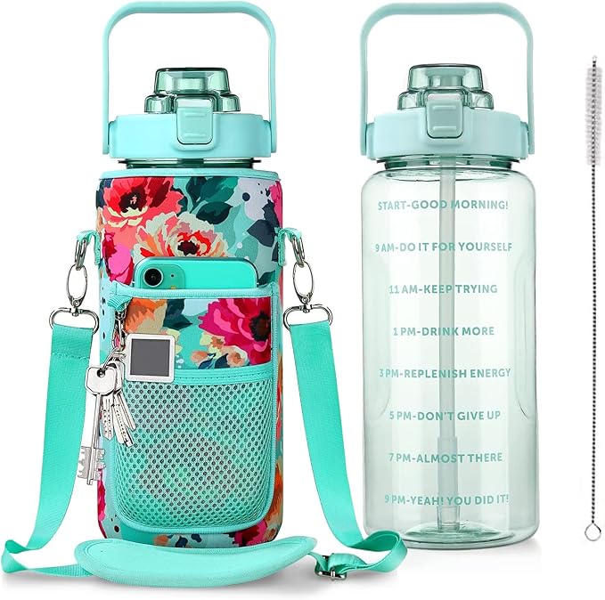 Half Gallon Water Bottle with Sleeve, 64OZ Motivational Water Bottle with Straw & Time Marker, BPA Free Leakproof Large Sports Water Bottle, Reusable Water Jug for Workout Gym Sport