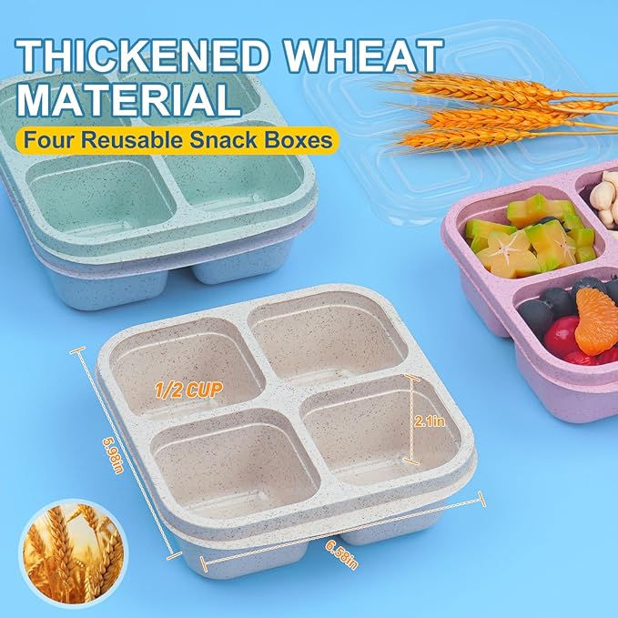 LCHLZZ 4 Compartment Snack Containers with Lids, 4 Pack Reusable Bento Box Adults, Divided Meal Prep Lunch Containers, Microwave & Dishwasher Safe, Food Storage for Work Travel Picnic, Pink