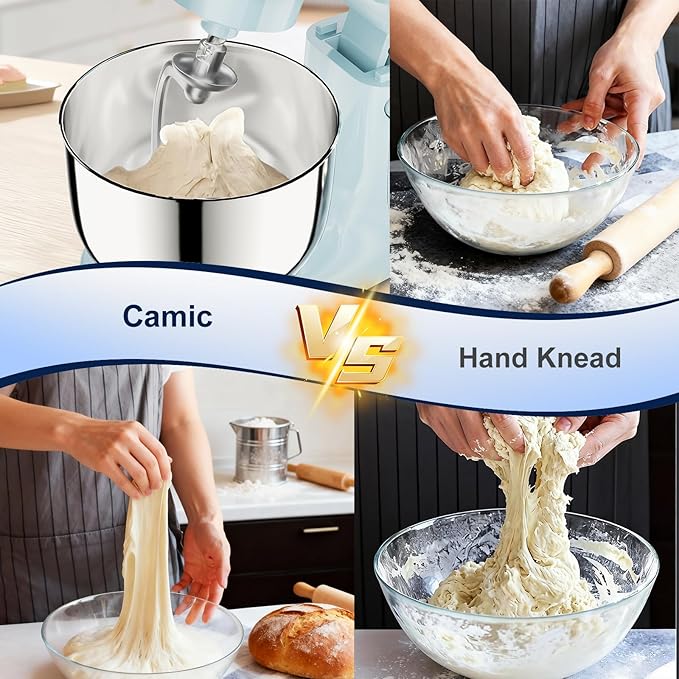 Camic Stand Mixer, 4.2QT+5.3QT Two bowls Electric Food Mixer, 10 Speeds with Digital setting 3-IN-1 Kitchen Mixer for Baking Cakes Cookie Bread Salad with Egg Whisk,Dough Hook,Flat Beater (Blue)
