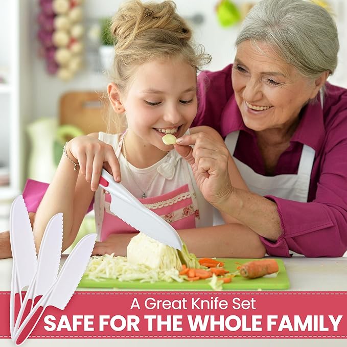 Zulay 3-Piece Kids Knife Set for Real Cooking & Baking - Toddler Knives for Cutting Fruits, Veggies, & Cake - Children’s Montessori Knive with Serrated Edges - Safe & Fun Lettuce Knife (Hot Pink)