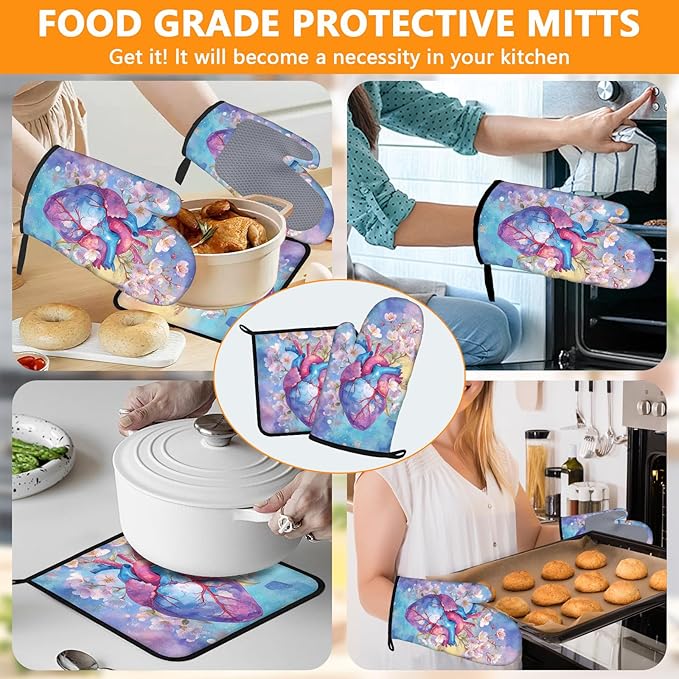Valentine's Day Oven Mitts and Pot Holders Sets 4Pcs Silicone Non-Slip Mitts Heat Resistant Gloves Hot Pads for Kitchen Cooking Baking Grilling BBQ Heart Flowers