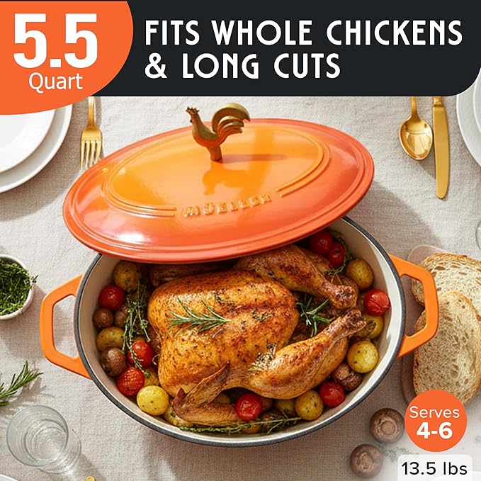 MUELLER HOME 5.5 Quart Enameled Cast Iron Oval Dutch Oven w Rooster Knob & Cotton Potholders, Heavy-Duty Cookware, Oven-Safe up to 500° F & Across All Cooktops, Gifts for Grandma & Women, Orange