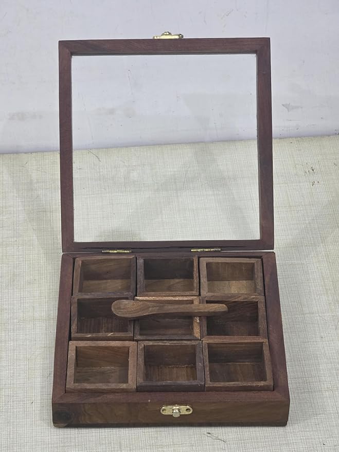 Wooden Spice Box with Glass Lid, 9 Compartment Masala Storage Container with Spoon, Hand Crafted Kitchen Organizer, 8x8 Inches