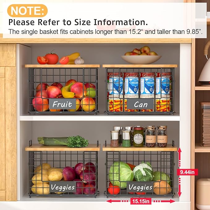 2 Set XL Wire Storage Basket with Bamboo Tops & Tags for Potato and Onion, Stackable Kitchen Counter Organizers for Pantry Organizer and Storage, Metal Storage Bins for Fruit Veggies Snack Can
