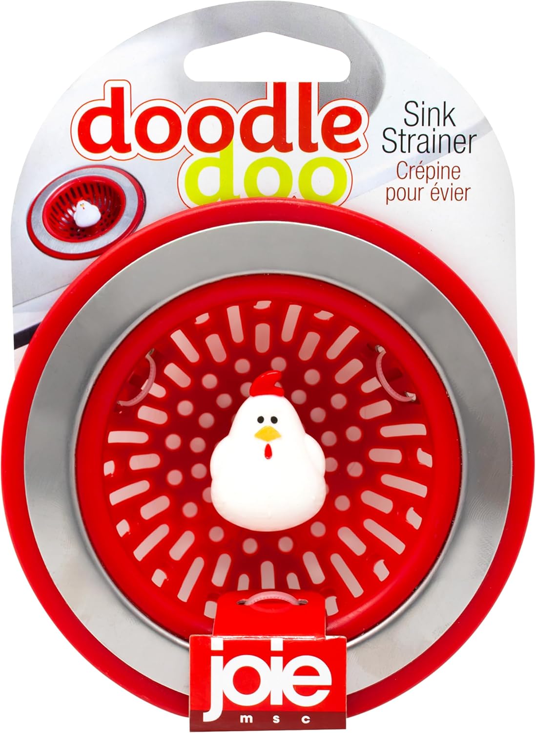 Joie Doodle Doo Kitchen Sink Strainer Basket, Fits All Standard Sinks, Stainless Steel, Cute Garbage Disposal Drain Cover, 4.5-Inch, Red Rooster