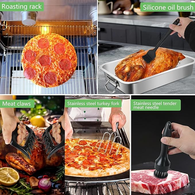 Stainless Steel Turkey Roasting Pan,Heavy Duty Nonstick Surface Roaster Pan Christmas Rectangular Lasagna Cake Baking Pans with Rack,Meat Claws, Turkey Fork,Silicone Brush,Tender Meat Needle