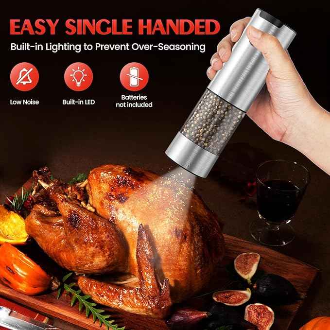 1 Pack Salt and Pepper Grinder-Electric Automatic Battery Pepper Mill Shakers Adjustable Coarseness Upgraded Larger Capacity with Led Kitchen Appliances Gifts for Women Men