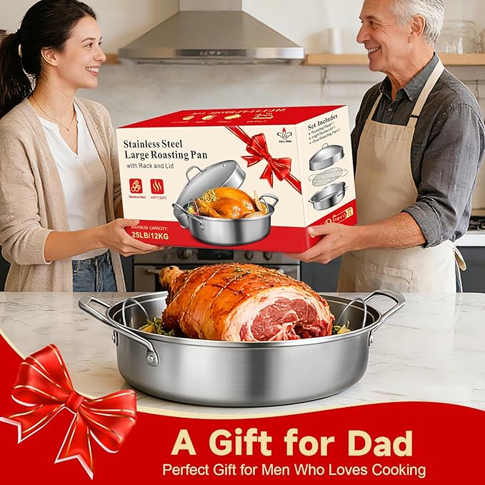 GRILL BUMP Roasting Pan, 21x13x11 Inch, Silver, Rectangular, Stainless Steel, 25LB Capacity, Turkey & Chicken Roaster with Rack and Lid