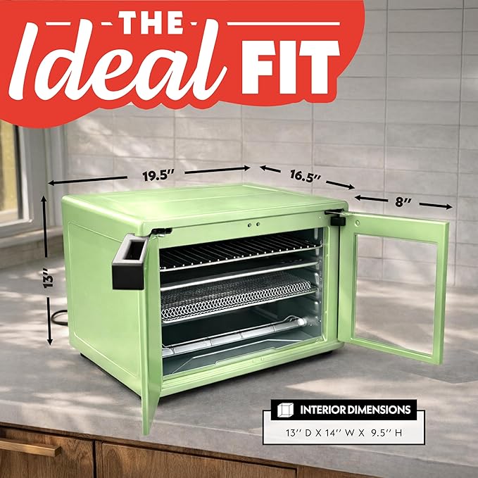 Gourmia French Door Air Fryer Oven - 37 Qt Large Capacity Convection Toaster Oven, FryForce 360°, Digital Display, 12 Cooking Presets, Dehydrate, Fits 13” Pizza, Dishwasher-Safe, Green