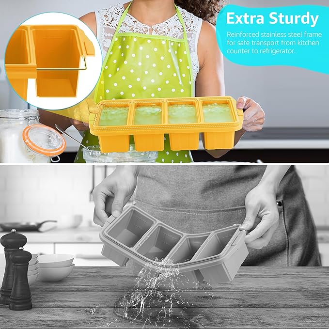 Ztomine Silicone Freezer Tray With Lid - Silicone Freezer Food Molds- Large Ice Cube Tray,Silicone Freezer Container,Freeze & Store Soup, Sauce, Broth,Leftovers - Makes 4 Perfect 1 Cup