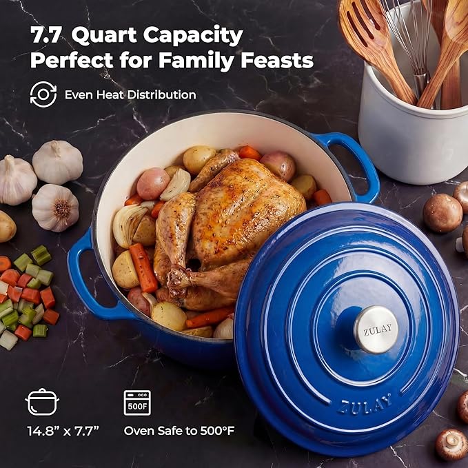 Zulay Kitchen 7.7 Quart Enameled Cast Iron Dutch Oven Pot with Lid – Premium Durability & Oven Safe up to 500°F – Heavy Duty Cookware Perfect for Bread Baking, Stews, Braising & Roasting – Blue
