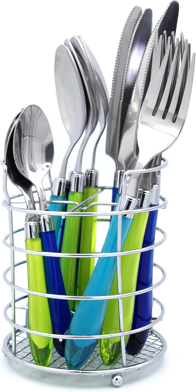 The Original Brink House Sea Blue Green Mix & Match Stainless Steel Cutlery Set with Translucent Handles / 16 pieces with Metal Stand/Lifestyle utensils set for home, apartment, dorm, outdoor events