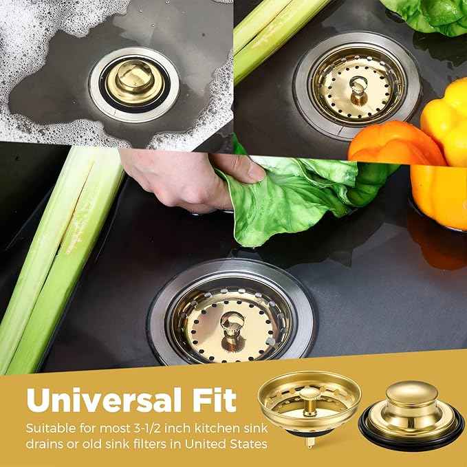 Mudder 3 Pcs Kitchen Sink Drain Strainer and Stopper Stainless Steel Garbage Disposal Plug with Handle Universal Anti-Clogging Kitchen Sink Filter Sieve Basket Strainer(Light Gold)