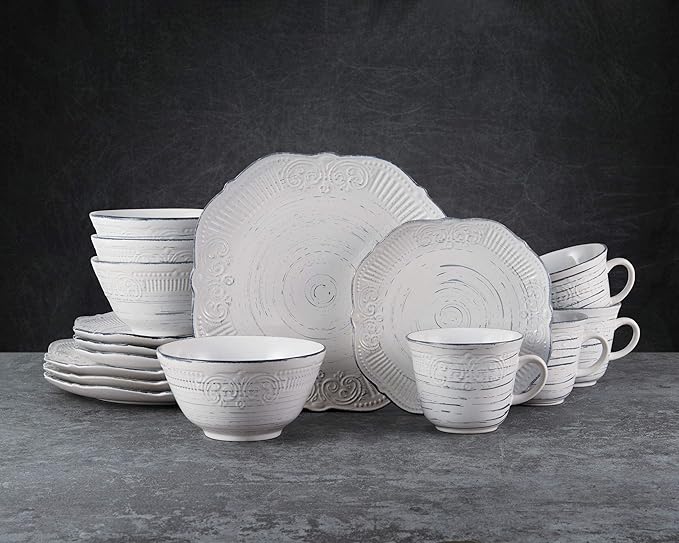 Pfaltzgraff Isabella 16-Piece Stoneware Dinnerware Set, Service for 4 - Handpainted Unique Glazed Finish - Includes Dinner Plates, Salad Plates, Bowls, Mugs - Dishwasher & Microwave Safe (Gray)