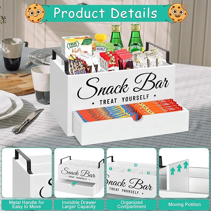 Snack Organizer for Countertop, Wood Pantry Storage Bins with Handles, Snack Organizer for Pantry, Kitchen, 4 Compartment Food Container Snack Box with Drawer, Pantry Organizer for Snacks, Chips