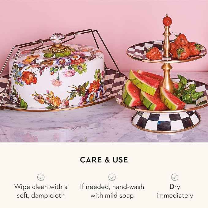 MACKENZIE-CHILDS Cake Carrier, Cake-Dish Serving Platter with Lid and Handles, White Flower Market with Black-and-White Courtly Check