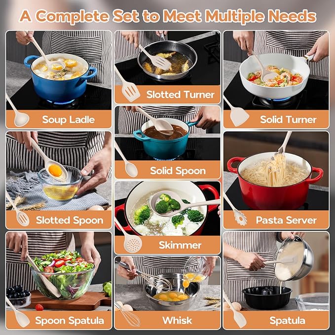 Onader Silicone Cooking Utensils Set of 10, Kitchen Utensils for Nonstick Cookware, Heat Resistant & Nontoxic Spatula Set- Khaki