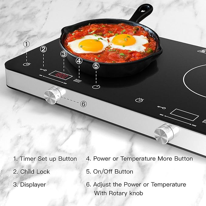 COOKTRON Double Induction Cooktop Burner, 1800w 2 burner Induction Cooker Cooktop, 10 Temperature 9 Power Settings Portable Electric Countertop Burner Touch Stove with Child Safety Lock & Timer