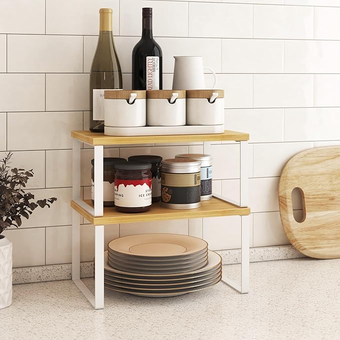 Kitchen Cabinet Organizer Shelf Set of 4, Sturdy Kitchen Counter Shelves with Metal Legs, Stackable Expandable Wood Spice Rack Pantry Cupboard Dish Mug Cup Storage Organizer Shelf,White+Bamboo
