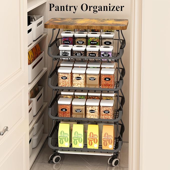 SAYZH Fruit Basket Kitchen Pantry Organizers and Storage - Wooden Top Table, Stackable Metal Wire Basket Stand Cart for Fruit Vegetable Snacks Onion Potato Organization (Black, 5 Tiers)