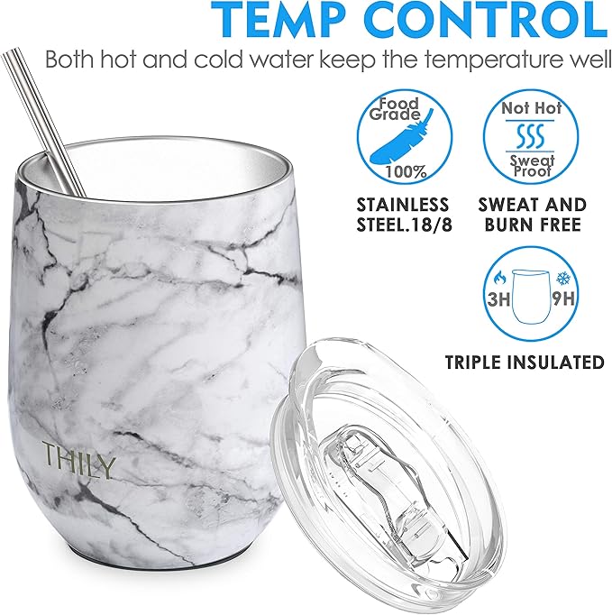 THILY Stainless Steel Stemless Wine Tumbler 4 Pack Vacuum Insulated Travel Wine Glasses with Sliding Lids and Straws, 12 oz, Keep Cold for Juice, Coffee, Beer, 4 Different Marbles Set