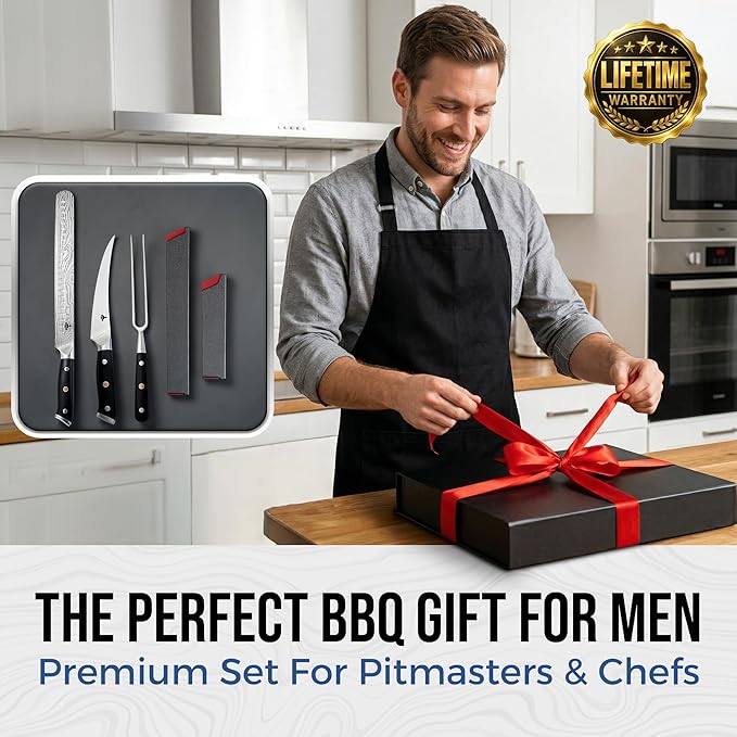 Brisket Knife Set for Meat Carving & BBQ - 12" Slicing Knife, 6" Boning Knife & Carving Fork for Smooth Meat Cutting, Full Tang & Ergonomic - Razor Sharp German Steel, Grilling Gifts for Men