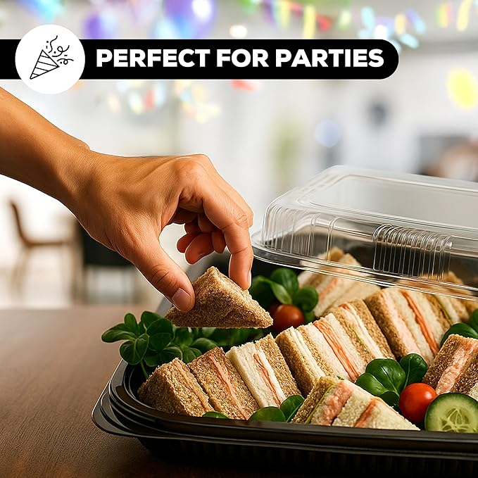 10 Pack Catering Trays with Lids – 17" Serving Tray with Lid, Heavy Duty Recyclable Plastic Party Platters for Catering, Buffet, Picnics & Events – Food Tray with Clear Lid (17.72 x 12.20 x 2.95 inch)