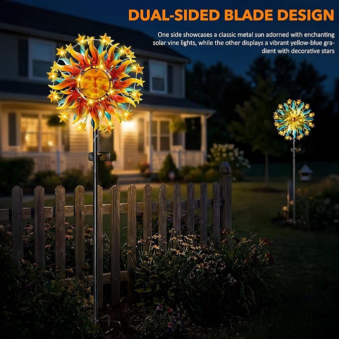 60.3" Solar Wind Spinner Outdoor Metal Sun Kinetic Sculpture – Dual-Sided Garden Spinner with Waterproof LED Vine Lights, Rust-Proof Yard Art Decor for Patio, Lawn & Pathway