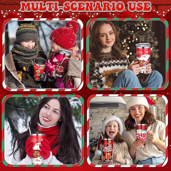 Mifoci 4 Pcs 30 oz Christmas Tumbler with Lid and Straw Stainless Steel Christmas Mug Double Insulated Cup Insulated Coffee Tumbler with Straw Brush for Holiday Coworkers Women Gifts(Style 1)