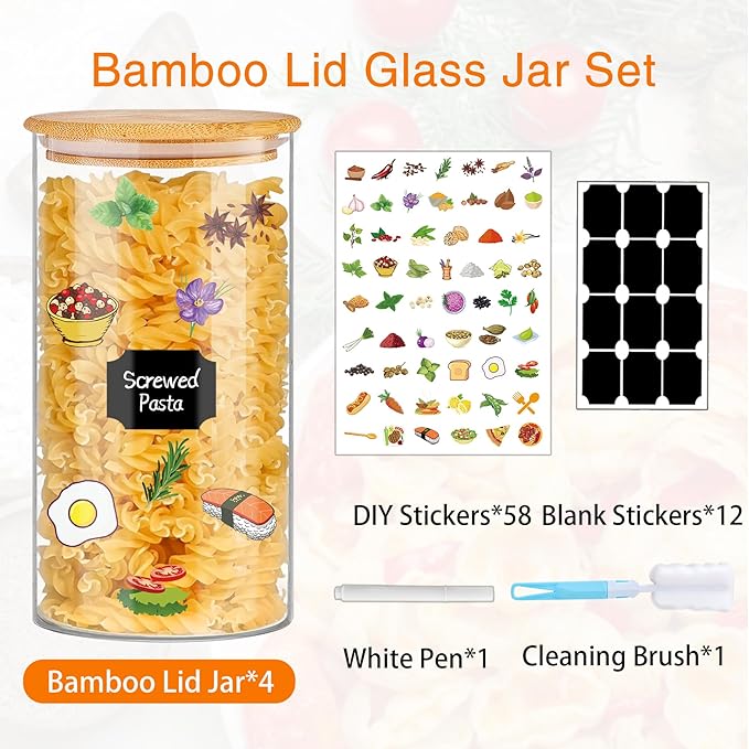 BGraceyy Glass Storage Jars 45 oz 4 Pcs Clear Glass Food Storage Containers with Airtight Bamboo Lid Stackable Kitchen Canisters for Candy, Cookie, Rice, Sugar, Flour, Pasta, Nuts