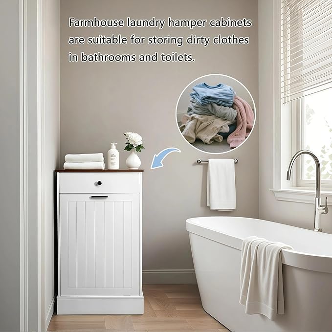 HRVEOCEI Single Tilt Out Trash Can Cabinet for 10 Gallon, Trash Can Holder Cabinet with Drawer, Farmhouse Garbage Cabinets for Kitchen Living Room, Easy to Clean (White)