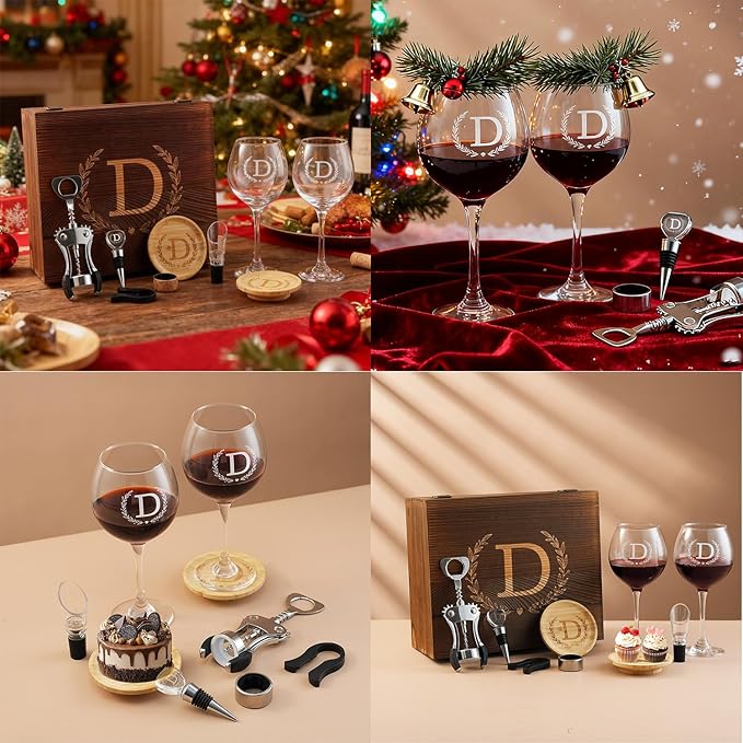 GZLDGIFTS Personalized Initial Wine Glasses Box Gift Set For Women Mom Engraved Birthday Monogrammed Wooden Christmas Gifts Wedding Anniversary Wine Couples Stopper Opener Initial Letterr (V Set)