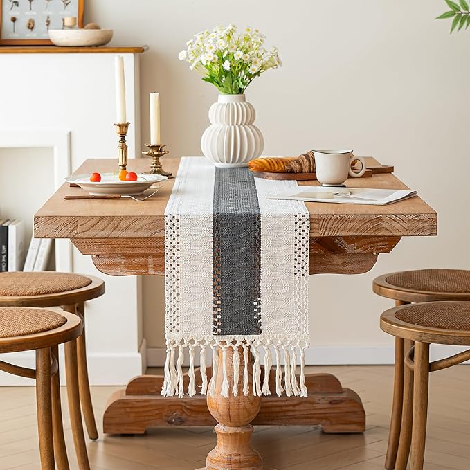 FEXIA Boho Table Runner for Home Decor with Tassels 108 Inches Long,Grey Farmhouse Rustic Table Runner Macrame Burlap Table Decoration for Living Room Bridal Shower(12x108 Inches)