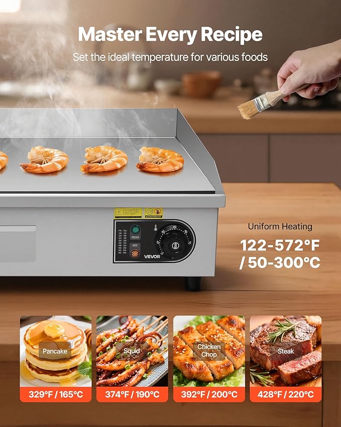 VEVOR Commercial Electric Griddle, 28.54 x 15.75 in, 2800W, 122-570°F Adjustable Temp Control, Stainless Steel Countertop Flat Top Grill with 2 Spatulas, 2 Brushes, and 4 Foot Pads, for Steak